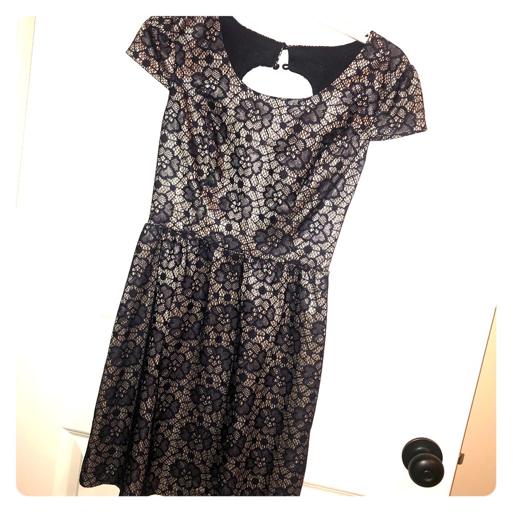 Navy lace dress with rose gold underlay